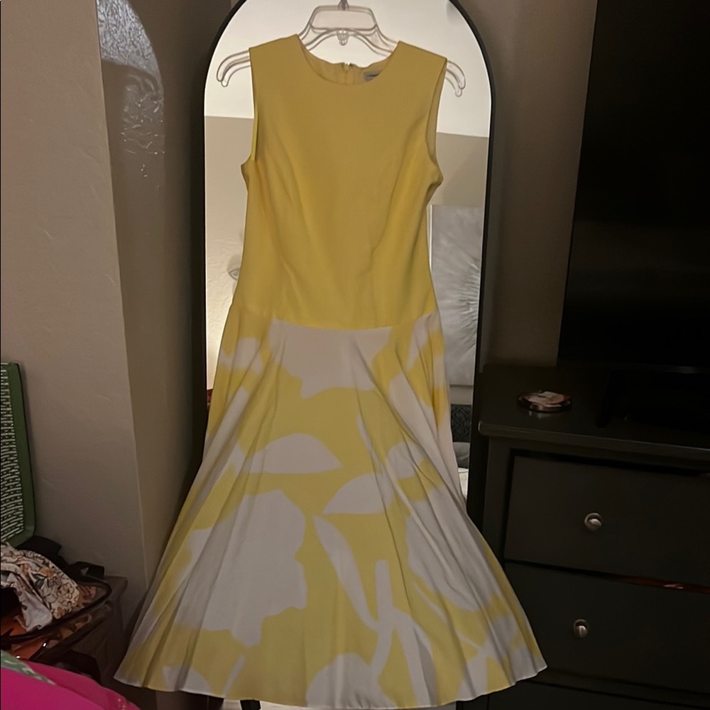 J. Peterman Yellow and White Mock Neck A-Line Midi Dress